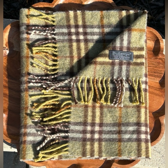 Vintage Burberrys of London Cashmere Green Brown Tan Plaid Scarf EUC - Picture 2 of 9